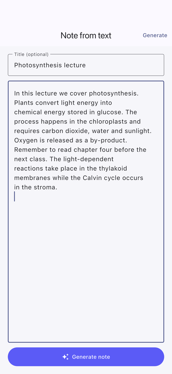 Creating a note by pasting text