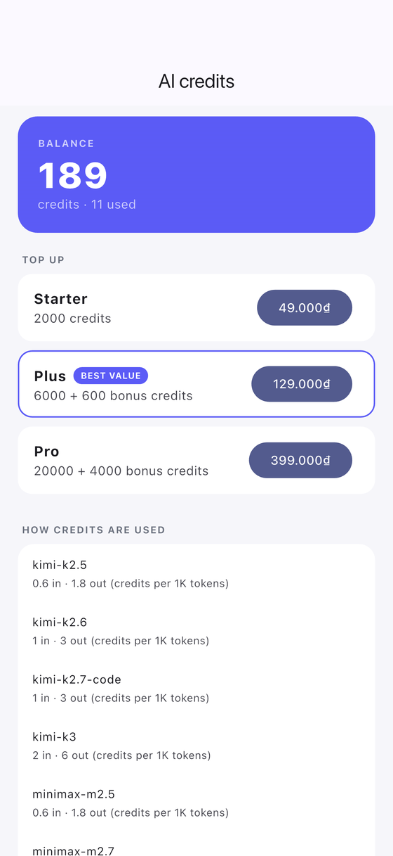 Credit balance screen