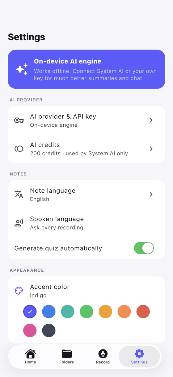 Settings screen